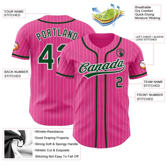Camiseta de béisbol blanca a rayas personalizada auténtica, verde y rosa Camiseta de béisbol blanca a rayas personalizada auténtica, verde y rosa
