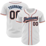 Camiseta de béisbol personalizada auténtica en blanco, negro y azul-naranja. Camiseta de béisbol personalizada auténtica en blanco, negro y azul-naranja.