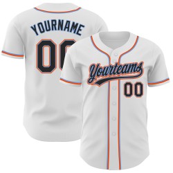 Camiseta de béisbol personalizada auténtica en blanco, negro y azul-naranja.