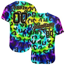 Camiseta de béisbol personalizada con estampado 3D de leopardo morado, dorado y negro.