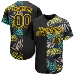 Camiseta de béisbol personalizada con estampado 3D de hojas hawaianas, diseño tropical auténtico, color amarillo palmera, color negro
