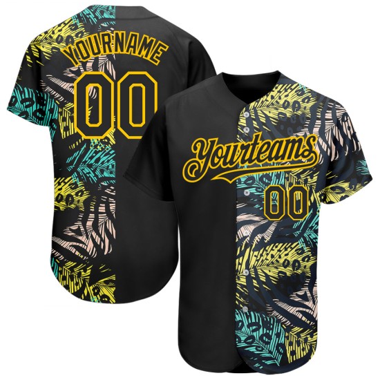 Camiseta de béisbol personalizada con estampado 3D de hojas hawaianas, diseño tropical auténtico, color amarillo palmera, color negro Camiseta de béisbol personalizada con estampado 3D de hojas hawaianas, diseño tropical auténtico, color amarillo palmera, color negro
