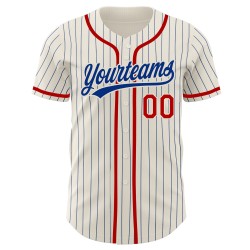 Camiseta de béisbol Royal Pinstripe roja auténtica y crema personalizada