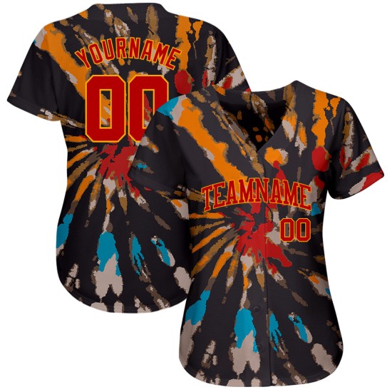 Camiseta de béisbol personalizada con teñido anudado 3D en rojo y dorado auténtica Camiseta de béisbol personalizada con teñido anudado 3D en rojo y dorado auténtica