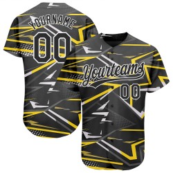 Camiseta de béisbol negra personalizada en negro y dorado con diseño auténtico en 3D