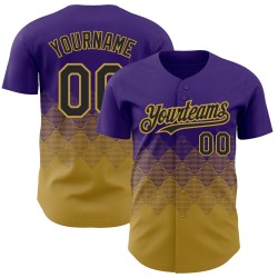 Patrón de camiseta de béisbol personalizada cuadrada 3D con diseño auténtico antiguo en tonos morados y dorados degradados.