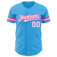 Camiseta de béisbol auténtica personalizada Sky azul, blanca y rosa