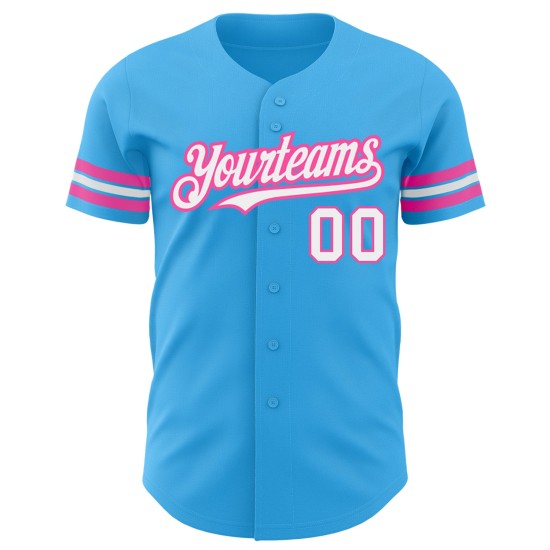 Camiseta de béisbol auténtica personalizada Sky azul, blanca y rosa Camiseta de béisbol auténtica personalizada Sky azul, blanca y rosa