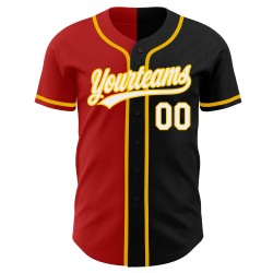Camiseta de béisbol blanca personalizada, negra, de moda, auténtica, dividida en rojo y dorado.