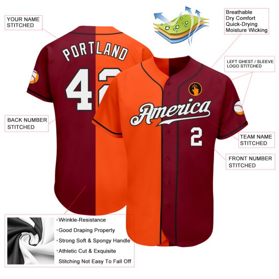 Camiseta de béisbol personalizada con estampado blanco carmesí, auténtica, naranja y negra. Camiseta de béisbol personalizada con estampado blanco carmesí, auténtica, naranja y negra.