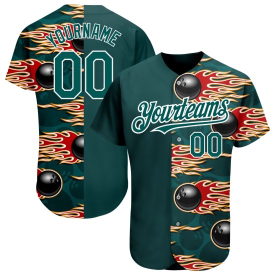 Balón de béisbol Hotrod personalizado, auténtico, verde medianoche con llamas, jersey blanco, diseño de bolos 3D Balón de béisbol Hotrod personalizado, auténtico, verde medianoche con llamas, jersey blanco, diseño de bolos 3D