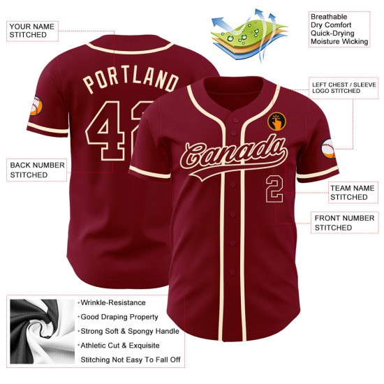 Camiseta de béisbol personalizada color carmesí-crema auténtica Camiseta de béisbol personalizada color carmesí-crema auténtica