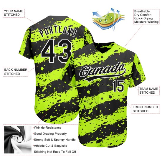 Diseño auténtico de camiseta de béisbol en blanco y negro, diseño 3D verde neón personalizado Diseño auténtico de camiseta de béisbol en blanco y negro, diseño 3D verde neón personalizado