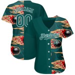 Balón de béisbol Hotrod personalizado, auténtico, verde medianoche con llamas, jersey blanco, diseño de bolos 3D Balón de béisbol Hotrod personalizado, auténtico, verde medianoche con llamas, jersey blanco, diseño de bolos 3D