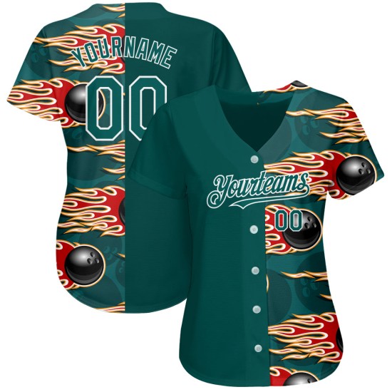 Balón de béisbol Hotrod personalizado, auténtico, verde medianoche con llamas, jersey blanco, diseño de bolos 3D Balón de béisbol Hotrod personalizado, auténtico, verde medianoche con llamas, jersey blanco, diseño de bolos 3D