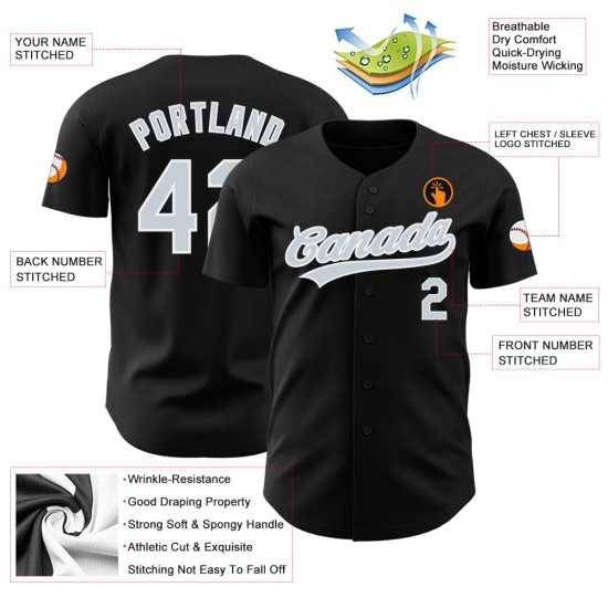 Camiseta de béisbol negra auténtica personalizada en blanco y plateado Camiseta de béisbol negra auténtica personalizada en blanco y plateado