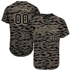 Camiseta de béisbol de camuflaje negro y crema. Servicio personalizado y auténtico.