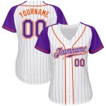 Camiseta de béisbol personalizada con rayas blancas, raglán, mangas moradas y auténtica, color morado-naranja Camiseta de béisbol personalizada con rayas blancas, raglán, mangas moradas y auténtica, color morado-naranja