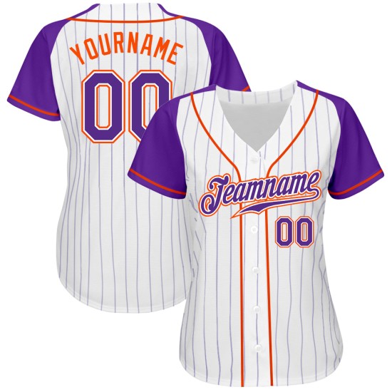 Camiseta de béisbol personalizada con rayas blancas, raglán, mangas moradas y auténtica, color morado-naranja Camiseta de béisbol personalizada con rayas blancas, raglán, mangas moradas y auténtica, color morado-naranja