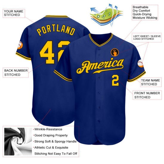 Camiseta de béisbol personalizada auténtica dorada y negra real Camiseta de béisbol personalizada auténtica dorada y negra real
