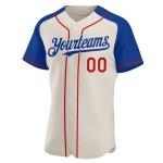 Camiseta de béisbol color crema, raglán, personalizada, auténtica, color rojo-azul, mangas Camiseta de béisbol color crema, raglán, personalizada, auténtica, color rojo-azul, mangas