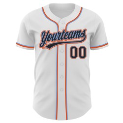 Camiseta de béisbol personalizada auténtica en blanco, negro y azul-naranja.