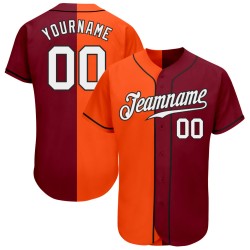 Camiseta de béisbol personalizada con estampado blanco carmesí, auténtica, naranja y negra.