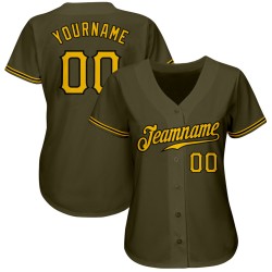 Camiseta de béisbol auténtica personalizada, color oliva, dorado y negro.