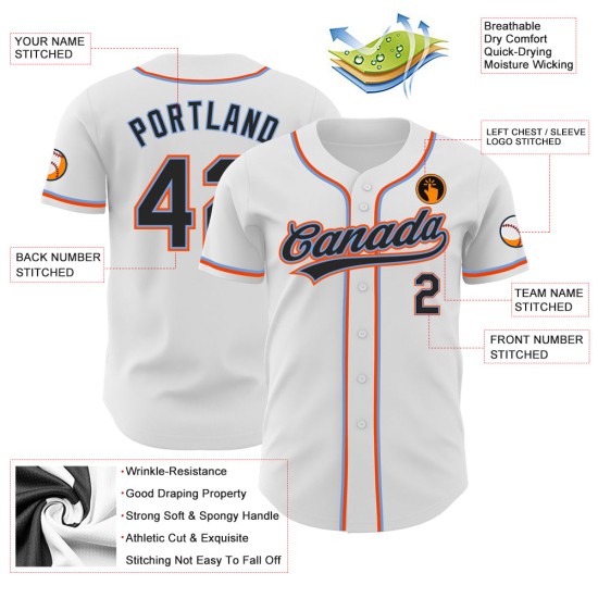 Camiseta de béisbol personalizada auténtica en blanco, negro y azul-naranja. Camiseta de béisbol personalizada auténtica en blanco, negro y azul-naranja.