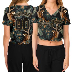 Camiseta de béisbol corta con cuello en V y diseño de pavo real para mujer, color negro, 3D, negro, antiguo y dorado, personalizada.