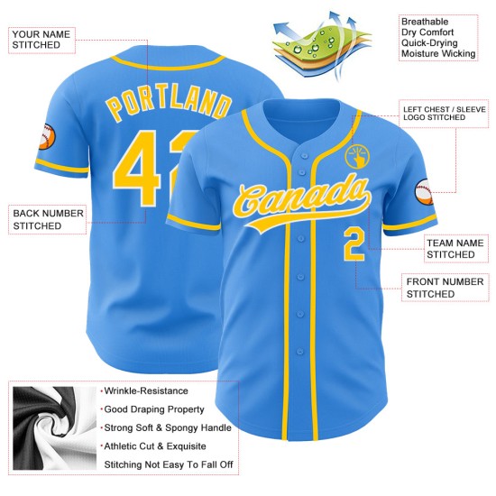 Camiseta de béisbol azul, amarilla y blanca, personalizada y auténtica. Camiseta de béisbol azul, amarilla y blanca, personalizada y auténtica.