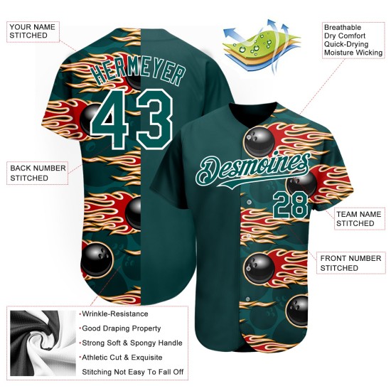 Balón de béisbol Hotrod personalizado, auténtico, verde medianoche con llamas, jersey blanco, diseño de bolos 3D Balón de béisbol Hotrod personalizado, auténtico, verde medianoche con llamas, jersey blanco, diseño de bolos 3D