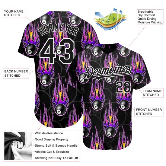 Jersey 3D 8 Billar Blanco Llamativo Bola de Snooker Diseño Auténtico Patrón de Béisbol Negro Personalizado Jersey 3D 8 Billar Blanco Llamativo Bola de Snooker Diseño Auténtico Patrón de Béisbol Negro Personalizado