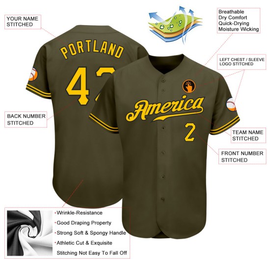 Camiseta de béisbol auténtica personalizada, color oliva, dorado y negro. Camiseta de béisbol auténtica personalizada, color oliva, dorado y negro.