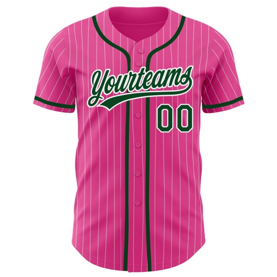Camiseta de béisbol blanca a rayas personalizada auténtica, verde y rosa Camiseta de béisbol blanca a rayas personalizada auténtica, verde y rosa
