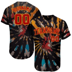 Camiseta de béisbol personalizada con teñido anudado 3D en rojo y dorado auténtica