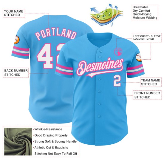 Camiseta de béisbol auténtica personalizada Sky azul, blanca y rosa Camiseta de béisbol auténtica personalizada Sky azul, blanca y rosa