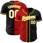 Camiseta de béisbol blanca personalizada, negra, de moda, auténtica, dividida en rojo y dorado. Camiseta de béisbol blanca personalizada, negra, de moda, auténtica, dividida en rojo y dorado.