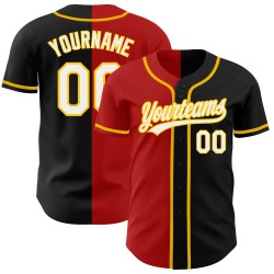 Camiseta de béisbol blanca personalizada, negra, de moda, auténtica, dividida en rojo y dorado.