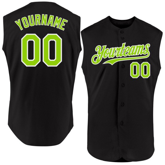 Camiseta de béisbol negra neón personalizada auténtica verde-blanca sin mangas Camiseta de béisbol negra neón personalizada auténtica verde-blanca sin mangas