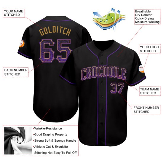 Camiseta de béisbol auténtica personalizada de moda negra, dorada y morada (vieja) Camiseta de béisbol auténtica personalizada de moda negra, dorada y morada (vieja)