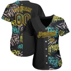 Camiseta de béisbol personalizada con estampado 3D de hojas hawaianas, diseño tropical auténtico, color amarillo palmera, color negro