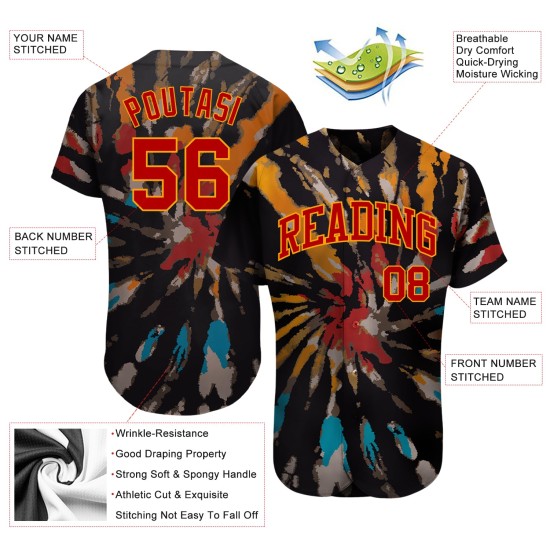 Camiseta de béisbol personalizada con teñido anudado 3D en rojo y dorado auténtica Camiseta de béisbol personalizada con teñido anudado 3D en rojo y dorado auténtica