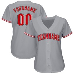 Camiseta de béisbol personalizada en rojo, blanco y gris