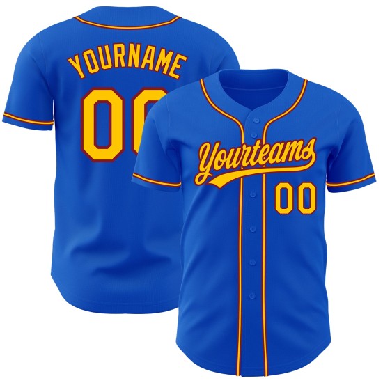 Camiseta de béisbol personalizada auténtica en azul trueno amarillo-carmesí Camiseta de béisbol personalizada auténtica en azul trueno amarillo-carmesí