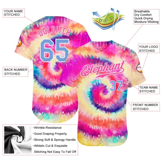 Jersey de béisbol auténtico con teñido anudado 3D azul arcoíris y blanco personalizado Jersey de béisbol auténtico con teñido anudado 3D azul arcoíris y blanco personalizado