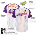 Camiseta de béisbol personalizada con rayas blancas, raglán, mangas moradas y auténtica, color morado-naranja Camiseta de béisbol personalizada con rayas blancas, raglán, mangas moradas y auténtica, color morado-naranja