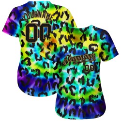 Camiseta de béisbol personalizada con estampado 3D de leopardo morado, dorado y negro.