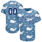 Camiseta de béisbol personalizada con diseño de ballena azul azul-blanca de la Marina de EE. UU., patrón 3D, ligera y auténtica. Camiseta de béisbol personalizada con diseño de ballena azul azul-blanca de la Marina de EE. UU., patrón 3D, ligera y auténtica.