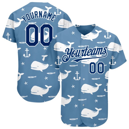 Camiseta de béisbol personalizada con diseño de ballena azul azul-blanca de la Marina de EE. UU., patrón 3D, ligera y auténtica. Camiseta de béisbol personalizada con diseño de ballena azul azul-blanca de la Marina de EE. UU., patrón 3D, ligera y auténtica.